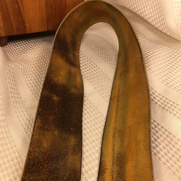 Vintage leather belt w/solid brass wood marquetry inlay
